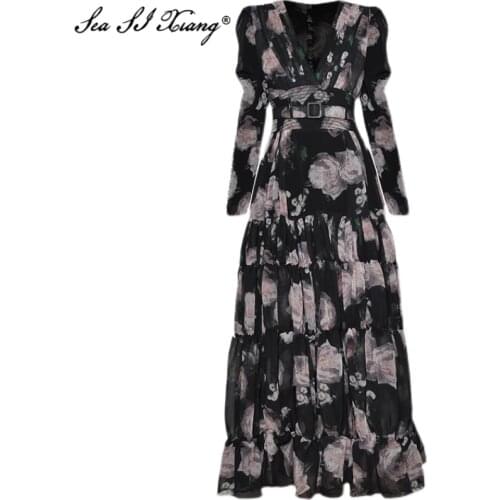 Seasixiang Fashion Designer Spring Chiffon Dress Womens V-neck Long sleeve Floral-Print Sashes Vacation Midi Dresses