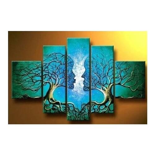 5 Pieces (No Frame) Lake Blue Art Modern Abstract Couple Tree Wall Painting 100% Hand Painted Contemporary Artwork Oil Painting
