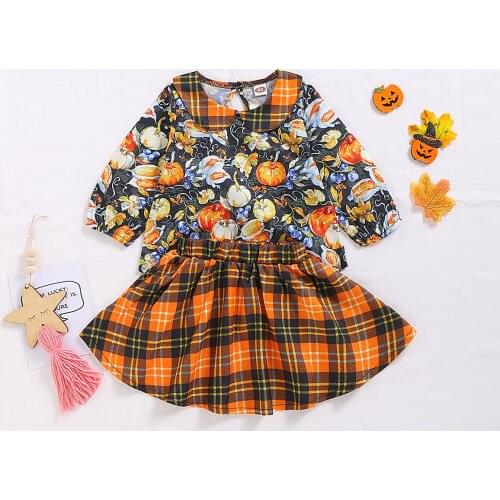Kids Halloween Outfit, Pumpkin Print Peter Pan Collar Long Sleeves Tops + Plaid Elastic Waist Short Skirt for Girls