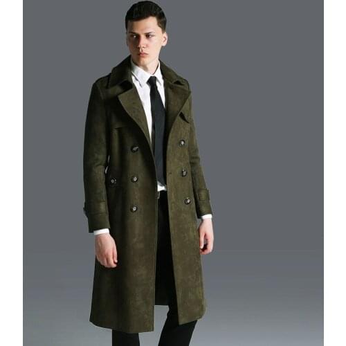 Plus Size Winter Long Jacket Men Suede Windbreaker Mens Black Leather Trench Coat Slim Cloak Male Outerwear Long Coat 5XL 6XL