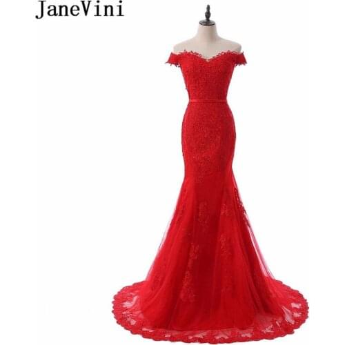 JaneVini Graceful Red Tulle Long Bridesmaid Dresses Lace Appliques Sweetheart Button Back Mermaid Sweep Train Prom Party Gowns