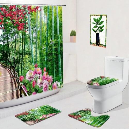 Green Bamboo Flower Bathroom Set Shower Curtains Spring Scenery Floral Flannel Non-Slip Rug Bath Mats Toilet Cover Mat Foot Pad