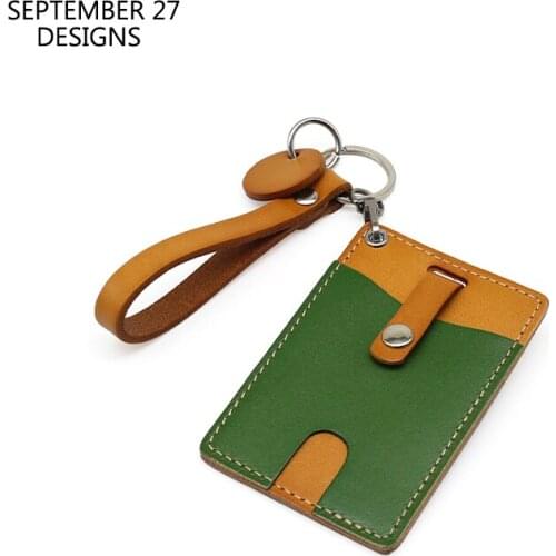 New Fashion Bus Card Set Genuine Leather Luxury Handmade Vintage Mini ID Credit Card Wallet Casual Slim Purses With Keychain