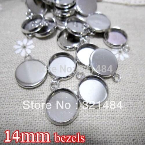 Rhodium plated 500piece 14mm bezels round hung charm earring dangle pendant tray jewelry blanks cameo base cabochon setting