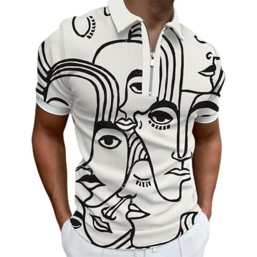 Slim Polo Shirts Men Turn-down Collar Business Male Shirt Print Zipper Short Sleeve Stretchy Polos Shirt Streetwear