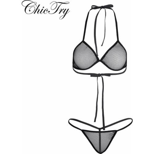 Sexy Women Bikini Swimsuit Lingerie Fishnet See-through Bikini Bra Top with Matching G-string Set Beachwear Nightwear Outfits