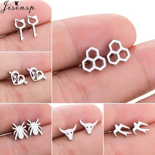 Multiple Stainless Steel Stud Earrings for Women Girls Minimalist Honeycomb Cow Cat Spider Swallow Earings Party Jewelry Gifts
