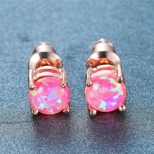 Vintage Female Rose Gold Small Stud Earrings 6mm Round White Green Pink Opal Earrings Cute Birthstone Wedding Earrings For Women