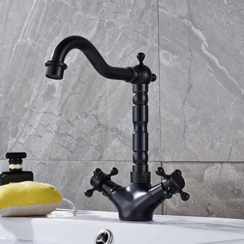 Black Bronze Double Handles Bathroom Sink Mixer Faucet Deck Mount 360 Rotate Bathroom Kitchen Hot and Cold Water Taps