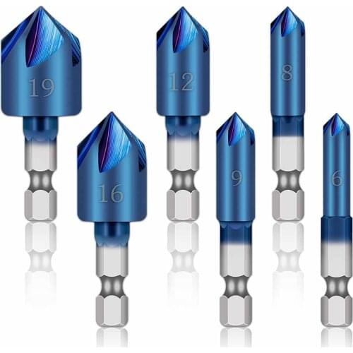 6pcs 6-19mm Countersink Drill Bit 5 Flute Hex Shank Blue Coated Chamfer Mill Cutter Drill Bits Deburring Woodworking Hand Tool