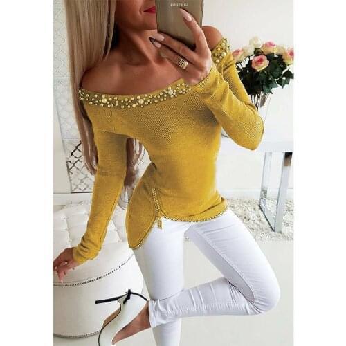 Knitted Top women Sexy Off Shoulder Blouse Ladies Beading Long Sleeve Blouse and Tops Women 2020 Zipper Solid Color Shirt Female