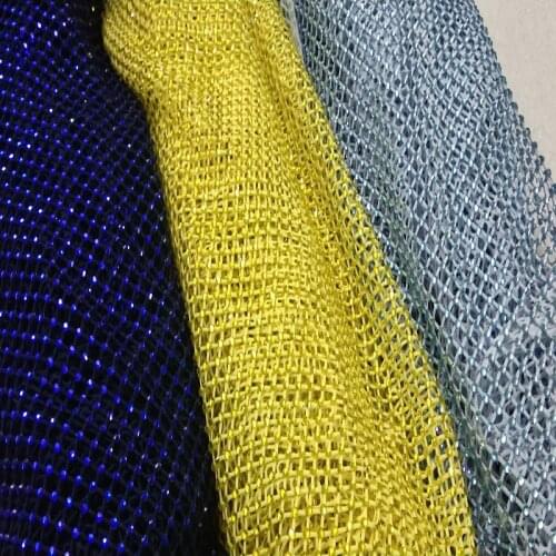 Quality Glitter Blue Yellow Glass Rhinestone Mesh Fabric 45cm Width Glass Crystal Trim Ribbon Elastic Diamond Mesh Strass