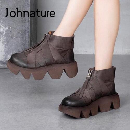 Johnature Winter 2021 New Women Boots Genuine Leather Platform Women Shoes Zip Round Toe Handmade Retro Ankle Ladies Boots