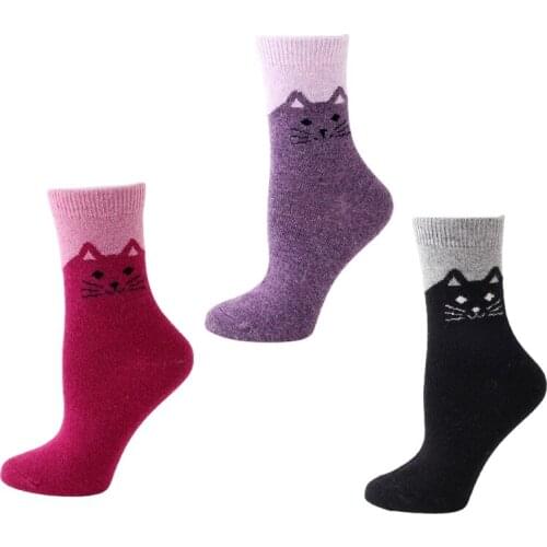 Womens Adult Winter Faux Wool Blend Crew Socks Cute Cartoon Cat Print Contrast Color Vintage Knit Thickened Thermal Warm