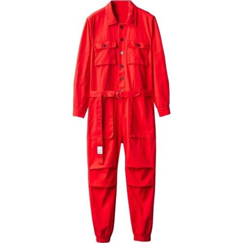 2021 Overalls Mens Jumpsuit Lapel Long Sleeve Cotton Multi-Pocket Beam Feet Fashion Black Yellow Red Freight Trousers Pants