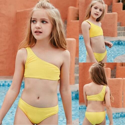2021 Off Shoulder Bikini Girls Holiday Cute Solid Set Two Piece Swimsuit Bathing Suit Summer Bikini Kids Swimwear Set For Girls