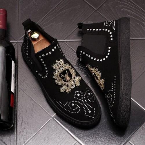 Fashion Embroidery Men High Tops Flats Suede Leather Punk Casual Shoes Slip On Ankle Boots Zapatillas Hombre
