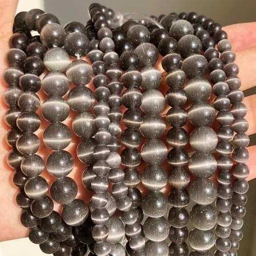 Natural Moon Stone Beads Black Gray Cat Eye Round Loose Spacer Beads 4/6/8/10mm Jewelry Making DIY Bracelet 15" Strand