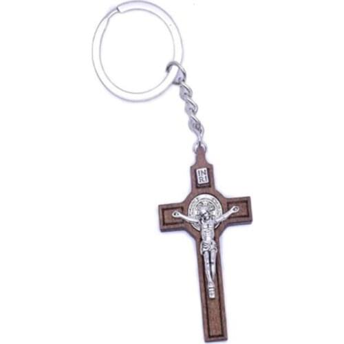 Church Wooden Saint Benedict Cross Keychain Religious Catholic Pilgrimage Holy Souvenir Keyrings Bag Car Key Pendants Jewelry