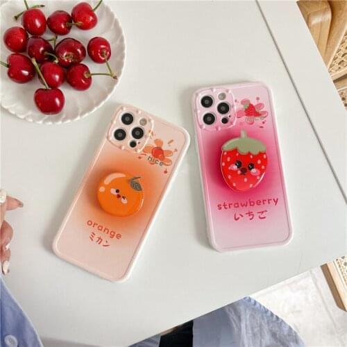Kawaii Korean Fruit Strawberry Orange Phone Case for IPhone 12 11 Pro Max X Xs Max Xr 7 8 Puls SE20 Soft IMD Capa Bracket Cover