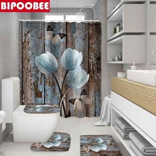 Butterfly Flowers Wooden Board Printed Shower Curtain Bathroom Set Toilet Cover Rug Bath Mats Non-slip Carpet Bathtub Curtains
