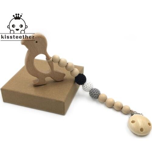 Baby Teething Toy Wooden Teether Animal Pacifier Clip Eco-friendly Teething Crochet Beads Chewable Infant Holder Wooden Teether