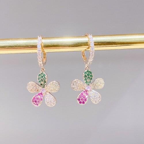 Hot Sale Exquisite CZ Multi-color Flower Stud Earrings Unique Delicate 14K Gold Plated Earrings