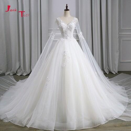 Jark Tozr Sexy Backless Long Sleeve China Bridal Gowns Beading Sequin Appliques Flower Princess Wedding Dresses Mariage