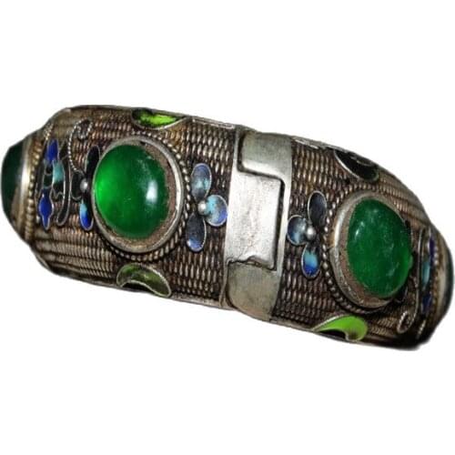 Chinese Old Craft Made Green Jade Inlaid Old Cloisonne Tibetan Silver Bracelet