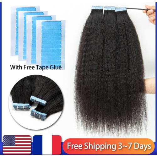 Tape In Human Hair Extensions Kinky Straight For Black Women Cuticles Remy Hair Adhesive Invisible Brazilian 24inch 60cm