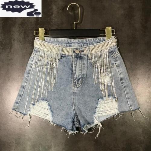 Summer Sexy Women Rhinestones Tassels Short Jeans Hole Ripped Denim Slim Kpop Ladies Crystal Waist Mini Jean Hot Shorts