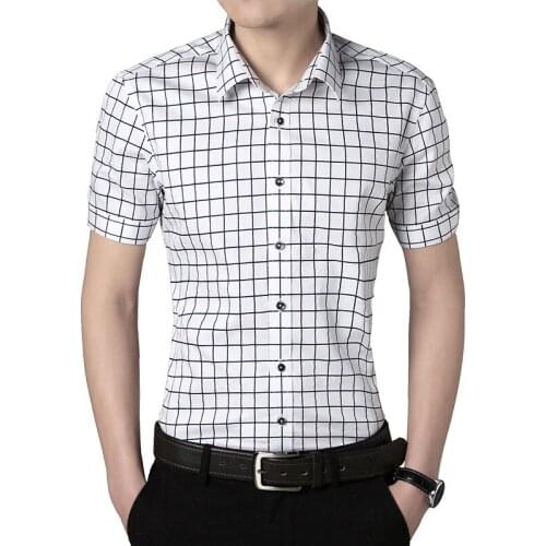 2017 New Men Shirt Male casual Shirts Mens Fashion short Sleeve Business Formal cotton plaid white red blue pink Shirt