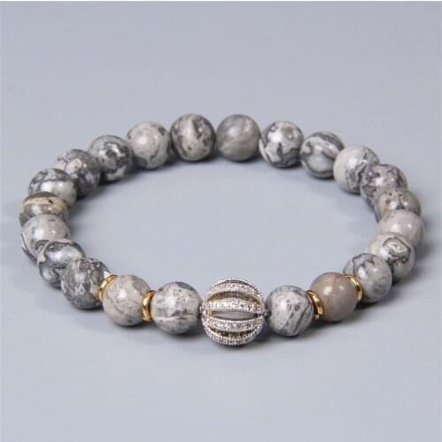 Natural Gray Map Stone Mens Bracelet Elastic Rope 8MM Bead beaded Bracelet jewelry Hollow out micro cz beads charm bracelet diy
