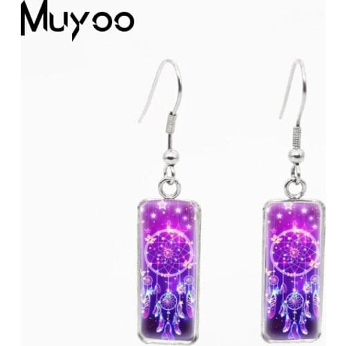 2021 New Arrival Dream Catcher Flowers Feathers Pattern Watercolor Handcraft Glass Cabochon Rectangle Fish Hook Earrings
