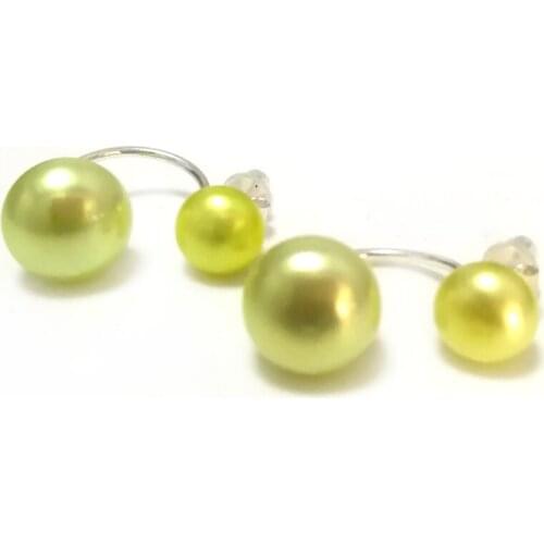 Wholesale 7mm & 10mm 925 Sterling Silver Green Natural Button Double Pearl Earring