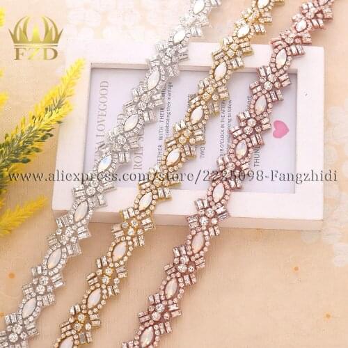 FZD 10 Yard Handmade DIY Iron On Opal applique Sash belt for Wedding Dress Crystal Rhinestones Sash Belts Bridal Trim Garter