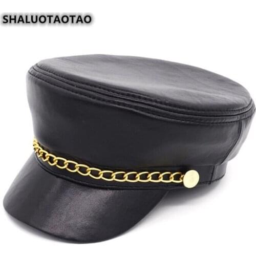 SHALUOTAOTAO Quality Genuine Leather Hat For Men Women Fashion Sheepskin Flat Cap Snapback Autumn Winter Trend Personality Military Hats Elegant Student Hat Brand Couple Caps