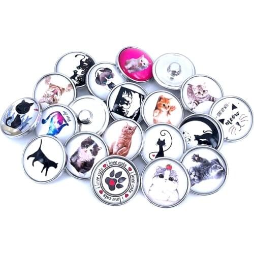 20pcs/lot 18mm 20mm Cute Cat Pattern Glass Cabochon Snap Buttons for DIY Snaps Bracelet Necklace Glass Charm Pet Jewelry N022