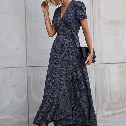 Y2K 2021 Women Short Sleeve Slit Dress Printed Pattern Deep V-neck Ruffled Hem Navy/ Black/ Wine Red