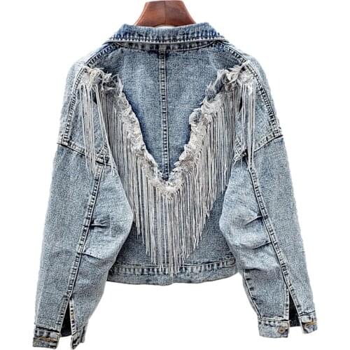 2021 Autumn Fashion Sequins Tassel Long Sleeve Denim Jacket Coat Women Vintage Blue Student Outerwear Loose Jeans Jackets Female