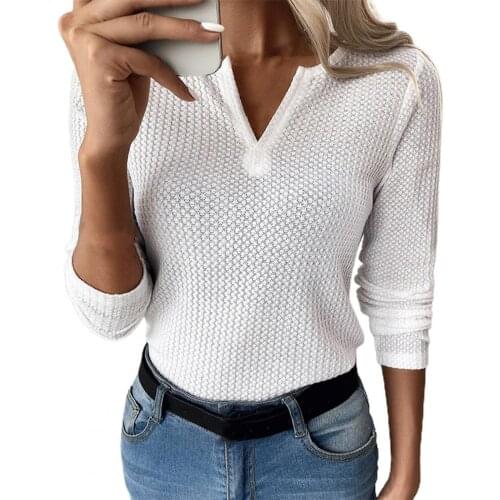 Women Autumn Basic T-shirt Breathable Solid Color Waffle Spring Autumn Long Sleeve V Neck T-shirt for Daily Wear