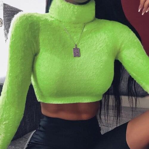 Casual Green Solid Woolen Crop Top Long Sleeve T-Shirts Women Autumn Winter 2019 New Arrival Knitted Turtleneck Basic Tshirt