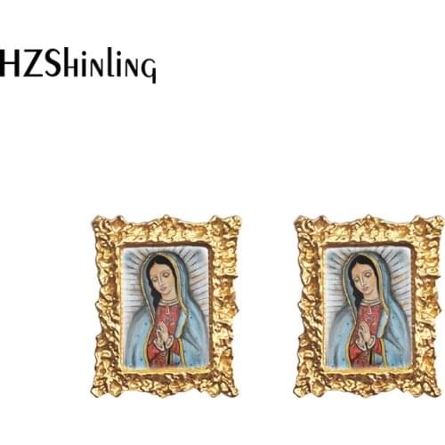 2020 New Our Lady of Guadalupe Stud Earring Square Retro Earrings Vintage Glass Cabochon Photo Jewelry Gifts