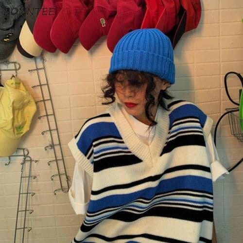 Sweater Vest Women Harajuku Striped BF Style Stylish Chic Autumn New Teens Streetwear Sweaters Simple Ladies Sleeveless Knitwear