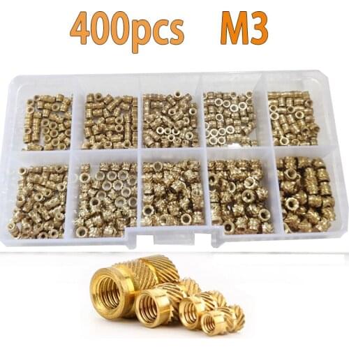 400Pcs M3 Brass Hot Melt Inset Nuts Assortment Kit Thread Copper Knurled Threaded Insert Embedment Nuts Set