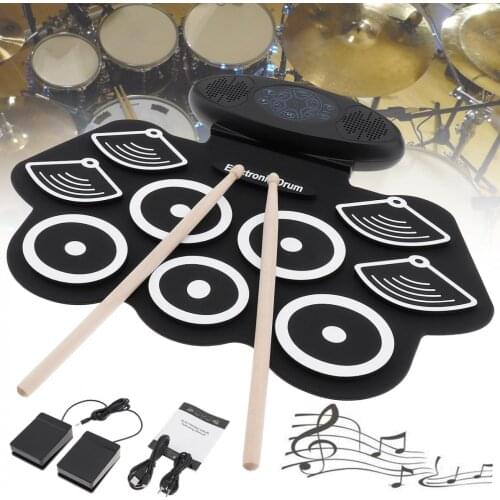 9 Pads Electronic Roll up Thicken Silicone Drum Double Speakers Stereo Electric Drum Kit with Drumsticks and Sustain Pedal