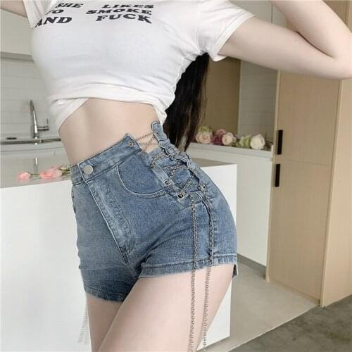 Summer new style high waist slimming casual design sense student hot pants sexy strappy denim straight shorts womens clothing