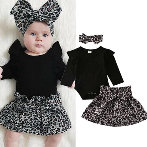 Emmababy 3PCS Infant Baby Girl Clothes Cotton Long Sleeve Romper Leopard Skirt Outfit Autumn Set Clothes 0-24 months