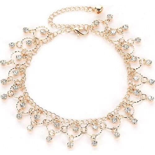 Ethnic Style Twinkling Full Clear Shiny Crystal Tassels Bohemia Silver Plated Golden Anklets For Women