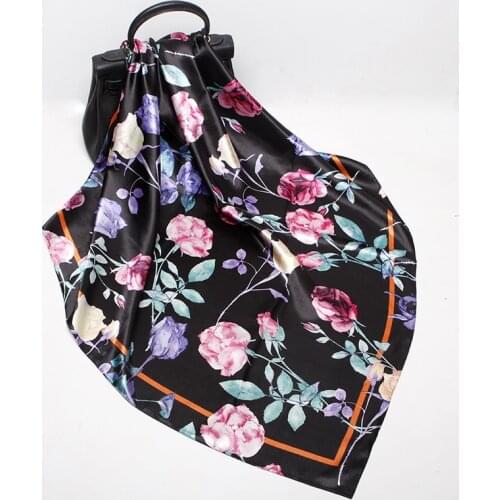 FXAASS Bandana Women Hijab Fashion Ladies Retro Luxury Silk Scarf Shawls Flowers Rose Print Square 90*90cm Large Cape Headscarf